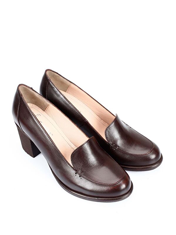 KAHVERENGİ Hakiki Deri Yuvarlak Burun Kalın Orta Topuklu Kauçuk Taban Kadın Loafer Ayakkabı 24070 - Görsel 3