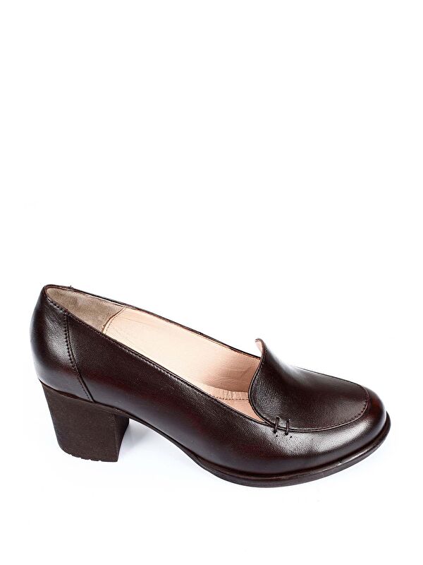 KAHVERENGİ Hakiki Deri Yuvarlak Burun Kalın Orta Topuklu Kauçuk Taban Kadın Loafer Ayakkabı 24070 - Görsel 5