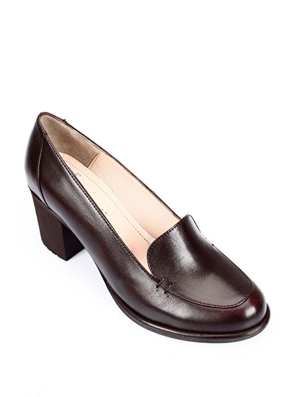 KAHVERENGİ Hakiki Deri Yuvarlak Burun Kalın Orta Topuklu Kauçuk Taban Kadın Loafer Ayakkabı 24070 - Görsel 6