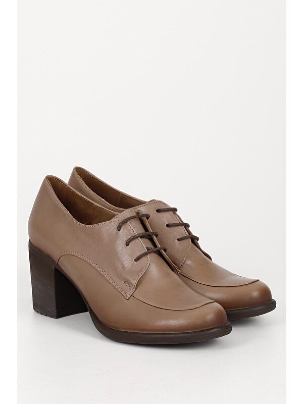 VİZON Hakiki Deri Yuvarlak Burun Kalın Orta Topuklu Kauçuk Taban Bağcıklı Kadın Ayakkabı 24071 - Görsel 3