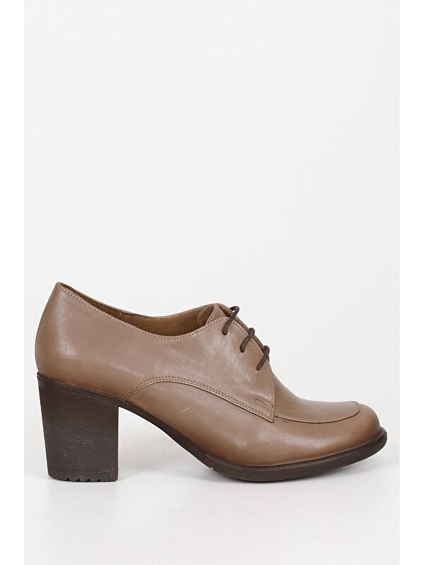 VİZON Hakiki Deri Yuvarlak Burun Kalın Orta Topuklu Kauçuk Taban Bağcıklı Kadın Ayakkabı 24071 - Görsel 5