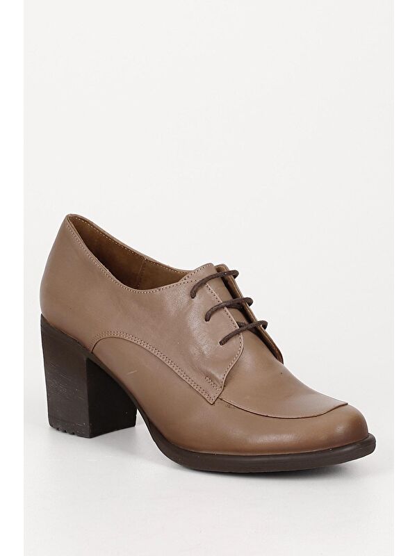 VİZON Hakiki Deri Yuvarlak Burun Kalın Orta Topuklu Kauçuk Taban Bağcıklı Kadın Ayakkabı 24071 - Görsel 6