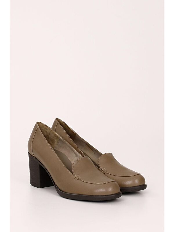 VİZON Hakiki Deri Yuvarlak Burun Kalın Orta Topuklu Kauçuk Taban Kadın Loafer Ayakkabı 24070 - Görsel 3
