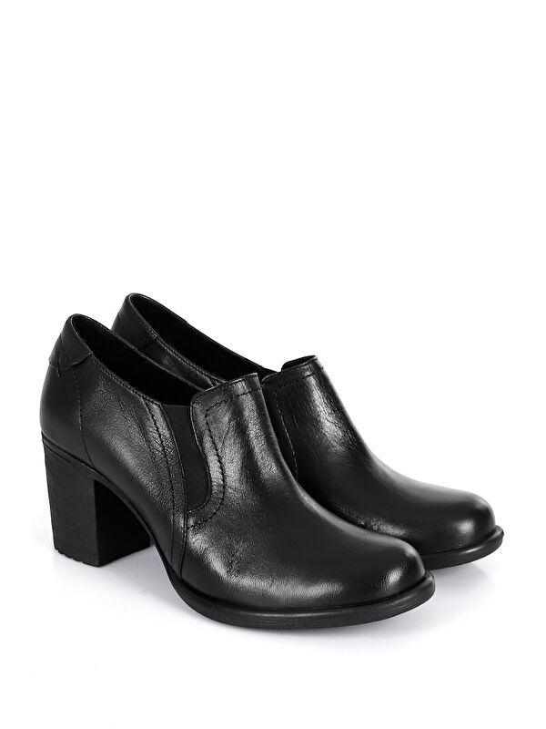 SİYAH Hakiki Deri Yuvarlak Burun Kalın Orta Topuklu Kauçuk Taban Lastikli Kadın Ayakkabı 24038 - Görsel 3