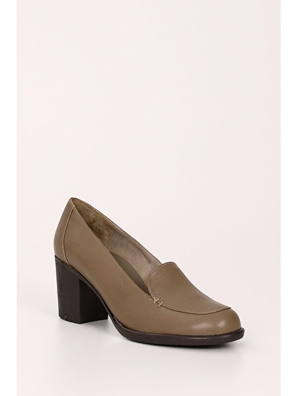 VİZON Hakiki Deri Yuvarlak Burun Kalın Orta Topuklu Kauçuk Taban Kadın Loafer Ayakkabı 24070 - Görsel 6
