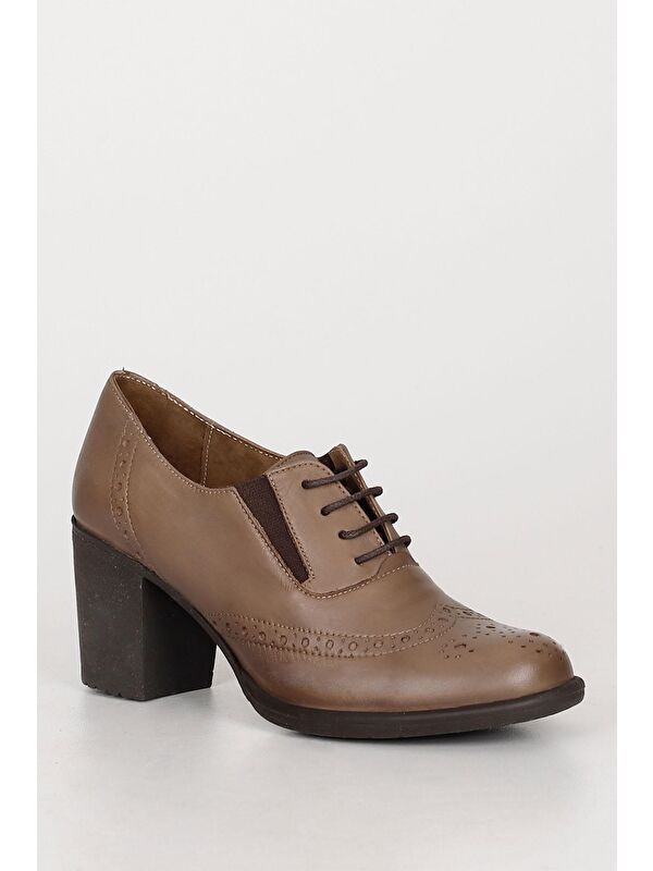 VİZON Hakiki Deri Yuvarlak Burun Kalın Orta Topuklu Kauçuk Taban Bağcıklı Kadın Ayakkabı 24040 - Görsel 6