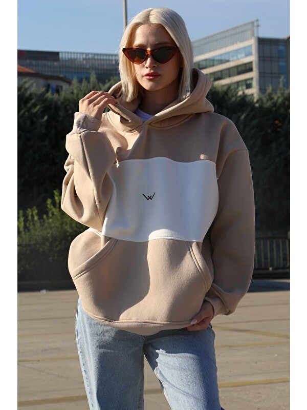 Madmext Bej Renk Bloklu Şardonlu Sweatshirt Mg1544