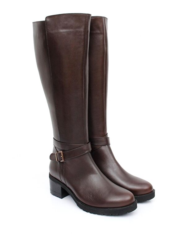 KAHVERENGİ Hakiki Deri Yuvarlak Burun Kauçuk Taban Topuklu Fermuarlı Tokalı Kadın Günlük Çizme 4357 - Görsel 3