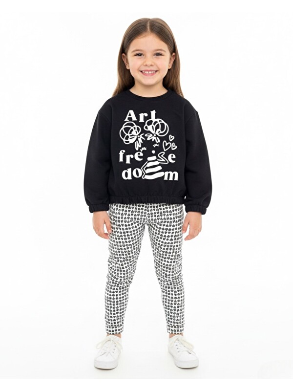 Ege Bebek Kız Çocuk Kalp Baskılı Taytlı, Mevsimlik, 2-10 Yaş Sweatshirtlü Alt Üst Taytlı Takım