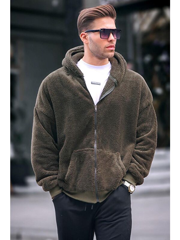 Madmext Haki  Pelüş Over Fit Kapüşonlu  Erkek Fermuarlı Sweatshirt Hırka 6049