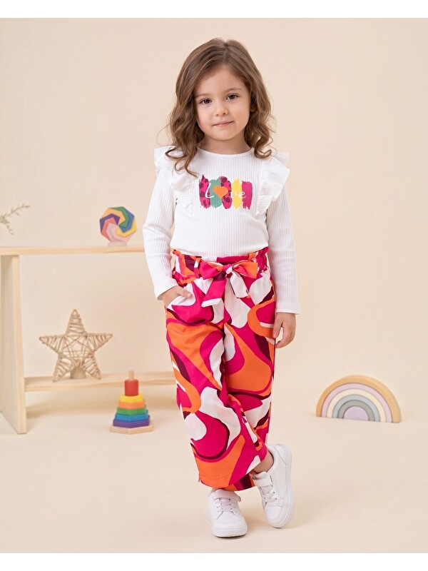 Ege Bebek Kız Çocuk 2-3-4-5-6 Yaş, Mevsimlik Fırfırlı Tiril Tiril Dokuma Pantalonlu  Alt Üst Takım