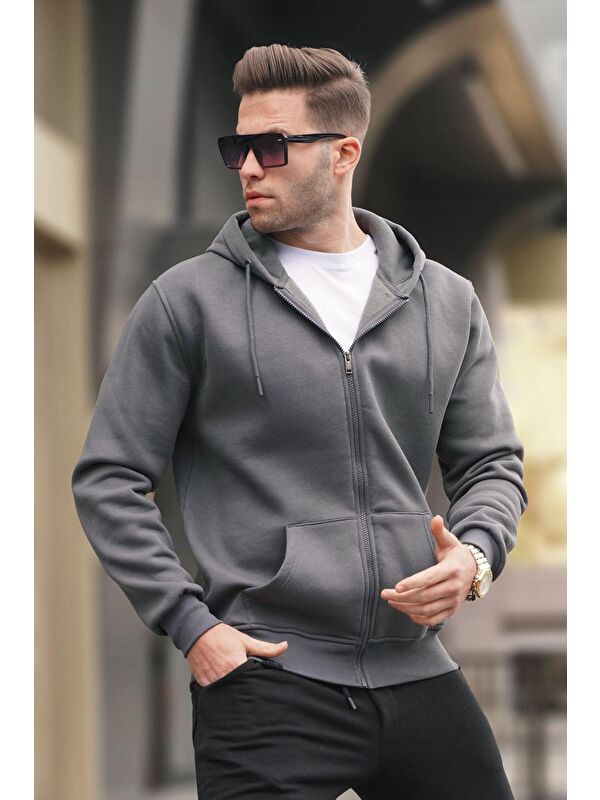Madmext Füme Kapüşonlu Regular Fit Erkek Fermuarlı Sweatshirt Hırka 6033
