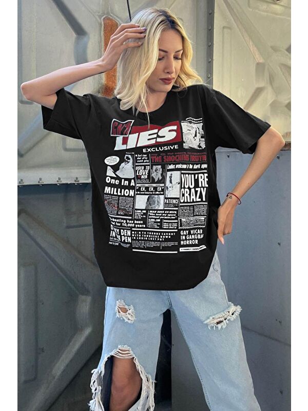 Madmext Siyah Arka Baskılı Over Fit Kadın Tişört Mg1506