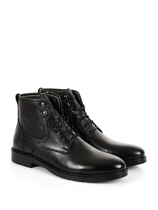 SİYAH Hakiki Deri Fermuarlı Bağcıklı Erkek Bot 01775 - Görsel 3