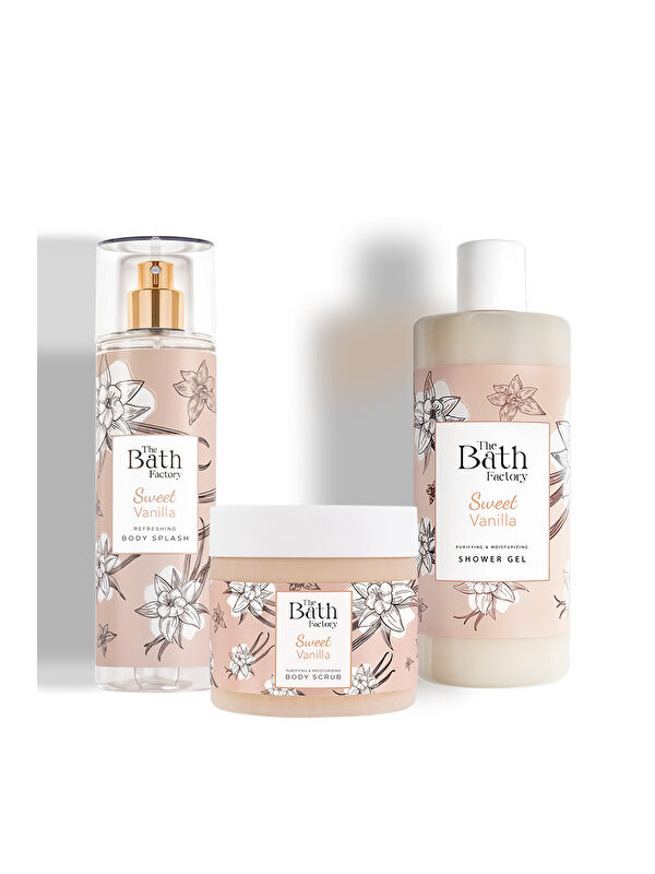 The Bath Factory Vanilyalı Vücut Peelingi + Vanilyalı Duş Jeli + Vanilyalı Vücut Spreyi