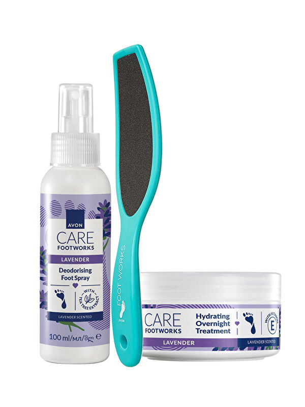 AVON Foot Works Lavanta Özlü Gece Ayak Kremi Ayak Spreyi ve Ayak Törpüsü Paketi