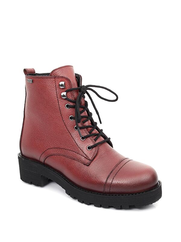 BORDO Hakiki Deri Yuvarlak Burun Kauçuk Taban Topuklu Fermuarlı Bağcıklı Kadın Günlük Postal Bot 46 - Görsel 5