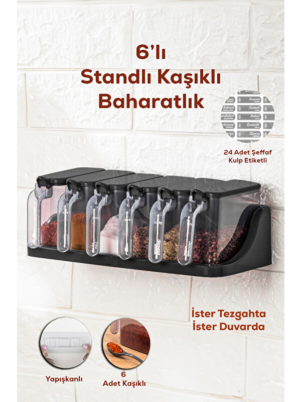 Porsima 1183 6 Lı Standlı Etiketli Kendinden Yapışkanlı Kapaklı Kaşıklı Baharatlık Takımı -baharatlık