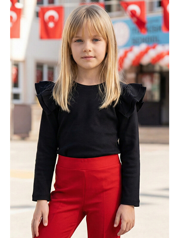 Parla Kids Kız Çocuk Siyah Omuz Fırfırlı Body Sweatshirt 23 Nisan 29 Ekim Yılbaşı Gösteri Kıyafeti