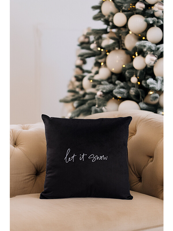 Asdiva Nakışlı Dekoratif Kırlent Kılıfı "let it snow"  - Siyah