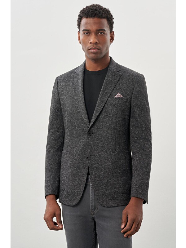 İMZA Siyah Desenli Örme Mono Yaka Astarsız Esnek 6 Drop  Casual Blazer Ceket 1002245159