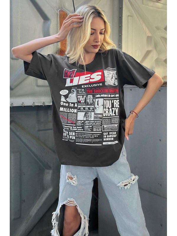 Madmext Antrasit Arka Baskılı Over Fit Kadın Tişört Mg1506