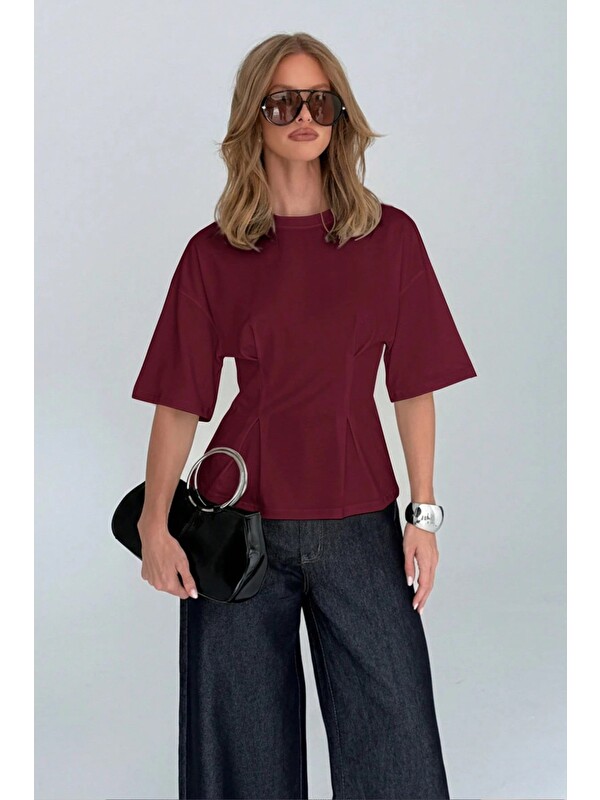 Tarz Cool Kadın Oversize Basic Tişört Pile Detaylı Rahat Kesim Günlük Kombin