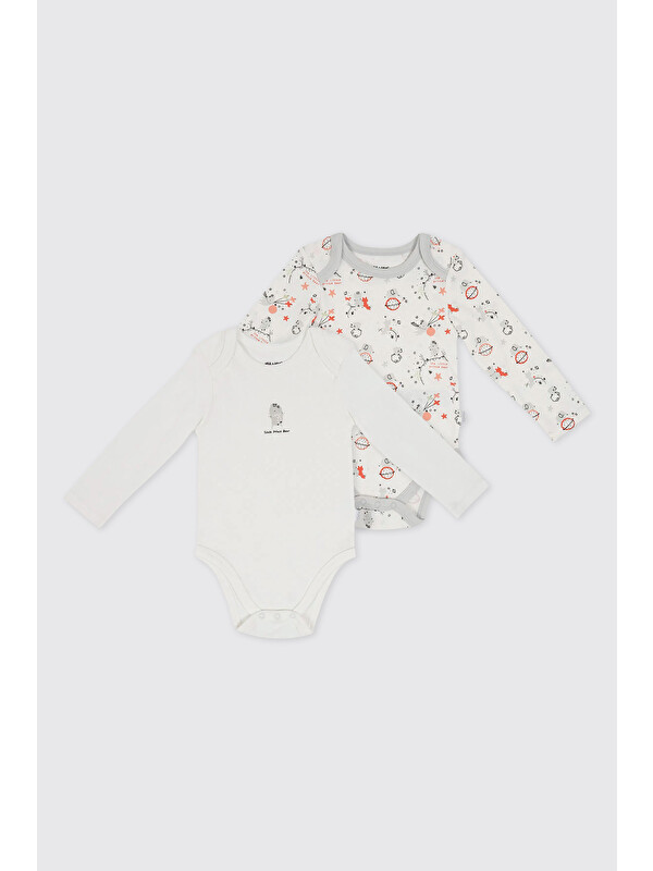 Panço Yenidoğan Desenli Ve Düz 2'li Ekru Body Set