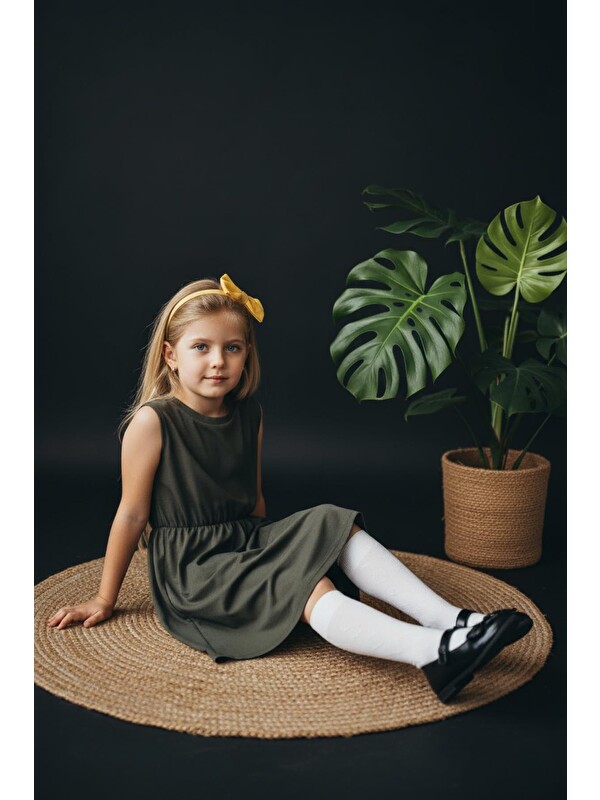 Parla Kids Kız Çocuk Haki Yeşil Pamuklu Penye Elbise Sarı Bandana Takım 0027