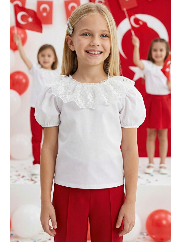 Parla Kids Kız Çocuk Dantelli Kısa Kol Bluz