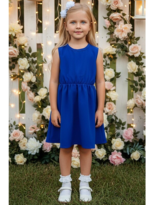 Parla Kids Kız Çocuk Saks Mavisi Double Kumaş Elbise ve Beyaz Toka Takım 0023