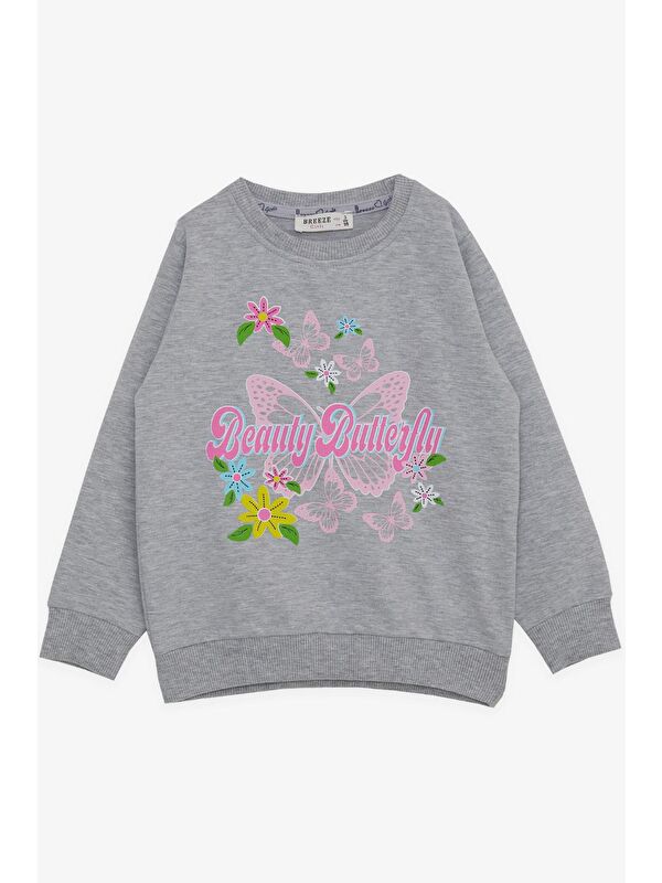 Breeze Kız Çocuk Sweatshirt Kelebek Baskılı Açık Gri Melanj (3-8 Yaş)