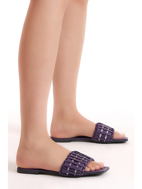 Kadın Mor Önü Şeritli Desenli Tek Bantlı Terlik - Görsel 3