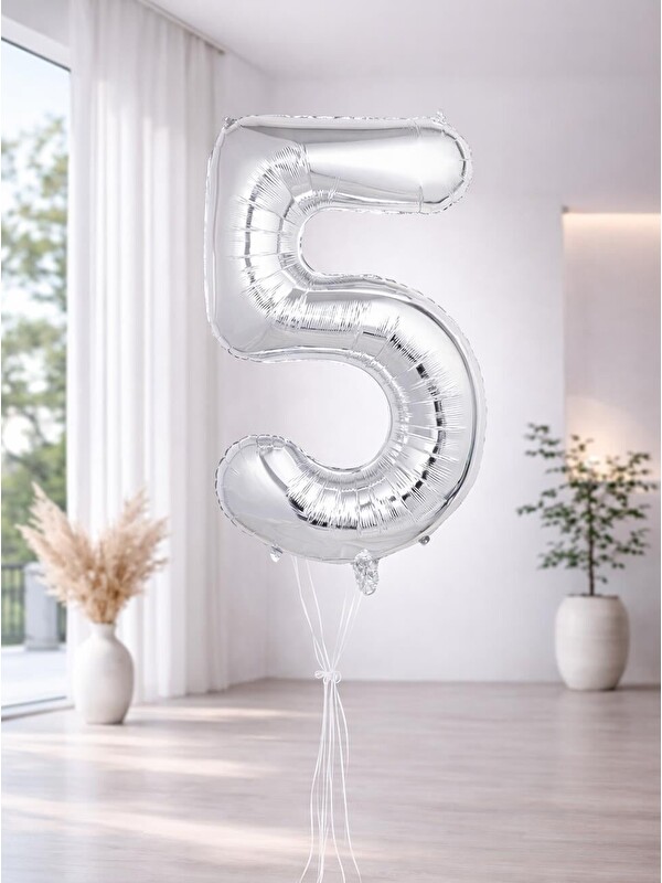 Parti Adresi Rakam Folyo Balon Doğum Günü Parti Balonu 5 Gümüş Renk 76 cm
