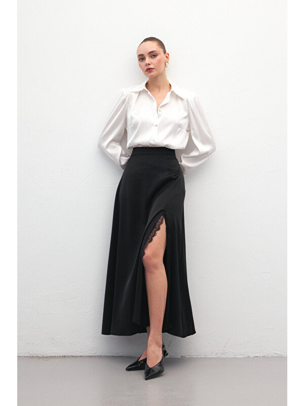 SATEEN Dantel Detaylı Saten Etek - Siyah