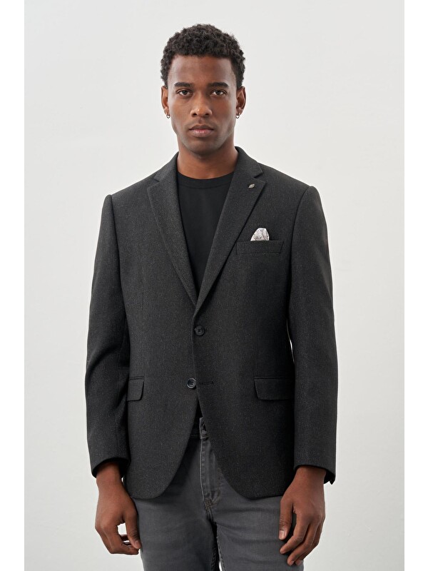 İMZA Siyah Düz Gabardin Mono Yaka 2 Düğme Esnek 6 Drop  Casual Blazer Ceket 1002245165_001