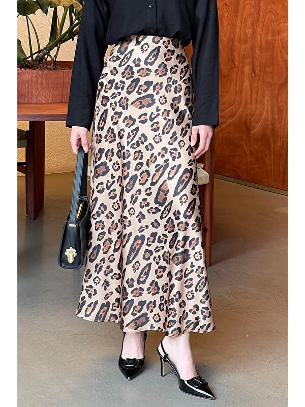Lamelif Saten Pamuklu Leopar Etek Camel