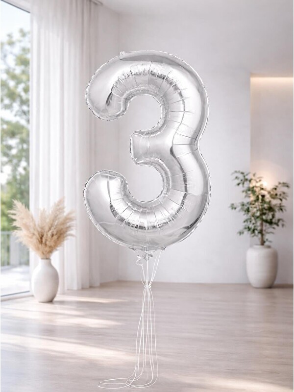 Parti Adresi Rakam Folyo Balon Doğum Günü Parti Balonu 3 Gümüş Renk 76 cm