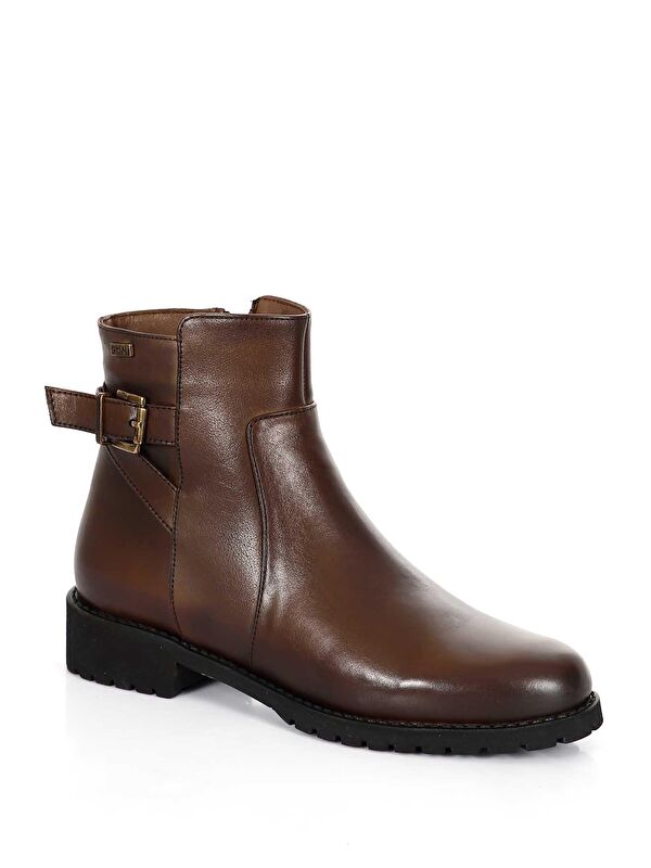 KAHVERENGİ Hakiki Deri Yuvarlak Burun Kauçuk Taban Topuklu Fermuarlı Tokalı Kadın Günlük Bot 46460 - Görsel 6