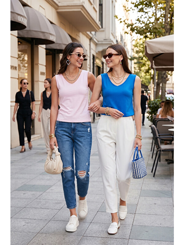 Lela Slim Fit V Yaka Kalın Askılı 2' li Paket Kadın Bluz 5864384S2