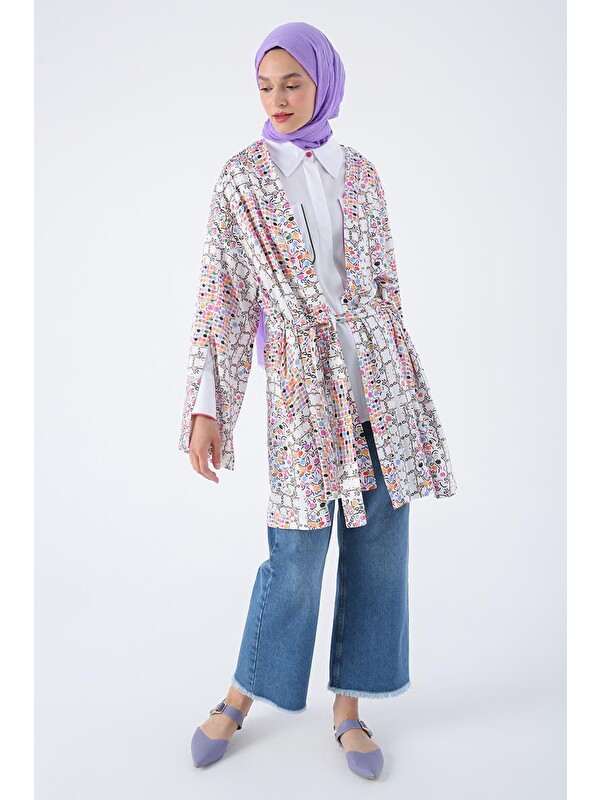ALLDAY Beyaz-Pembe-Oversize Kol Yırtmaç Detaylı Kuşaklı Desenli Kimono