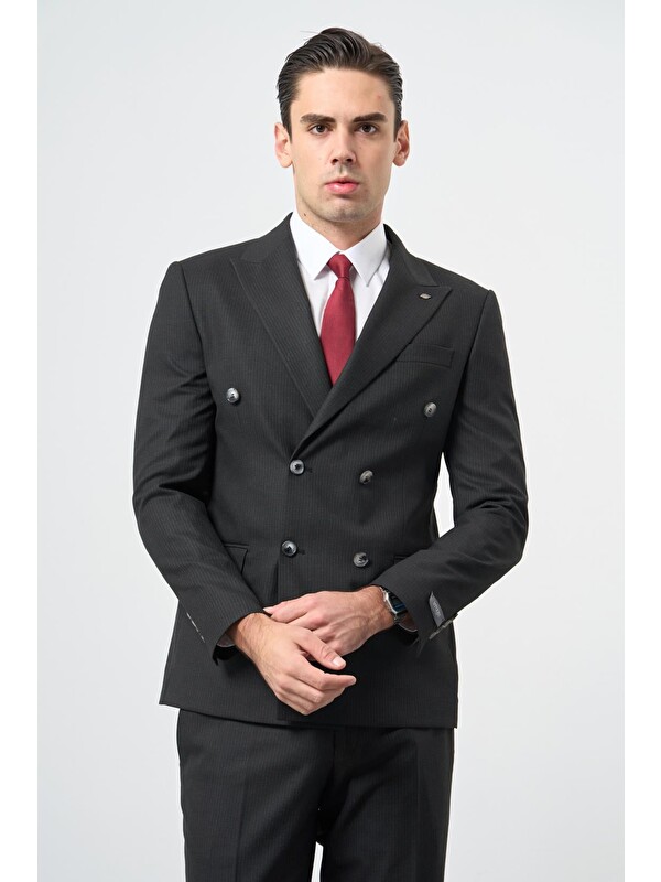 İMZA Siyah Bez Ayağı Kılıç Yaka Tam Astar Esnek 6 Drop Slim Fit Classic Takım Elbise 1001245173