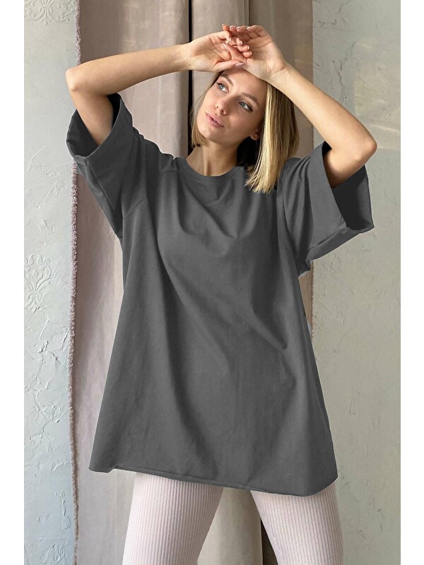 Madmext Antrasit Oversize Basic Kadın Tişört