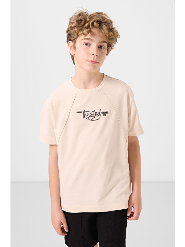 Tommylife Bej Pamuklu Yumuşak Dokulu Oversize Baskılı Erkek Çocuk T-Shirt - 11285
