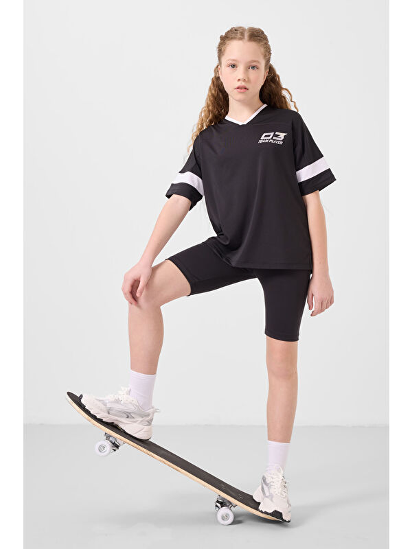 Tommylife Siyah V Yaka Kemer Detaylı Standart Fit Performans Kız Çocuk Tayt Takım - 75187