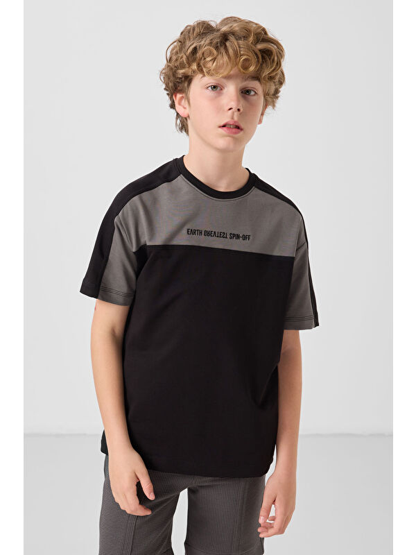 Tommylife Siyah Pamuklu Yumuşak Dokulu Oversize Fit Nakışlı Erkek Çocuk T-Shirt - 11290