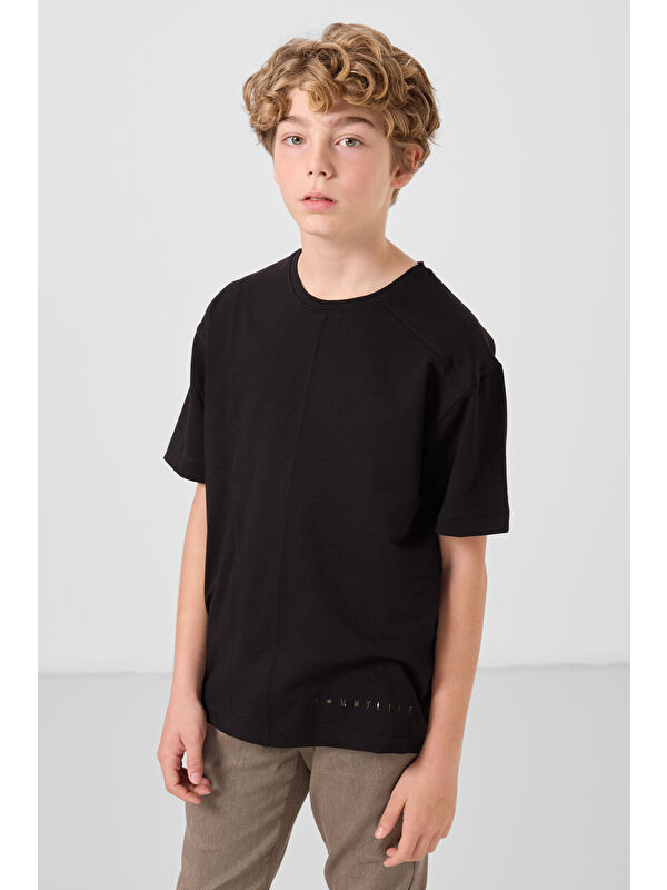Tommylife Siyah Pamuklu Yumuşak Dokulu Oversize Basic Erkek Çocuk T-Shirt - 11297