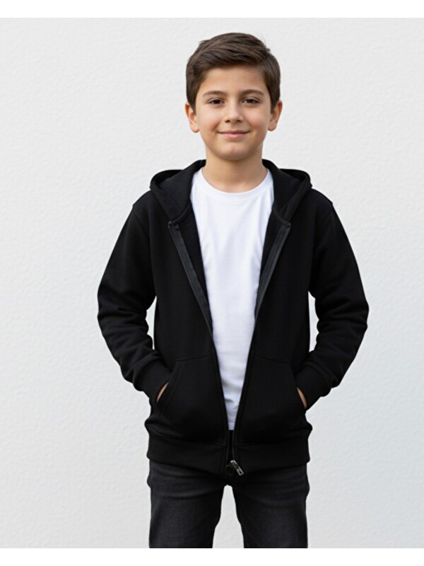 Ege Bebek 6-12 Yaş Basic Fermuarlı Siyah Kapüşonlu Hırka - Rahat Kışlık Sweatshirt / 3 İp Şardonlu