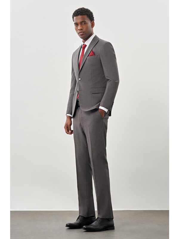 İMZA Gri Düz Bez Ayağı Kılıç Yaka 2 Düğme Yünlü 6 Drop Slim Fit Classic Takım Elbise 1001245179_100