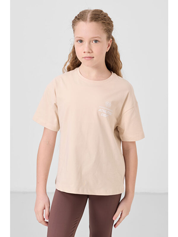 Tommylife Bej Pamuklu O Yaka Oversize Fit Baskılı Kız Çocuk T-Shirt - 75178